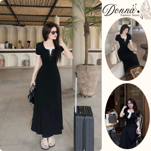 Đầm nữ, váy nữ DONNA HCOM25848 dáng dài cổ phối yếm phong cách Hàn Quốc, nhẹ nhàng