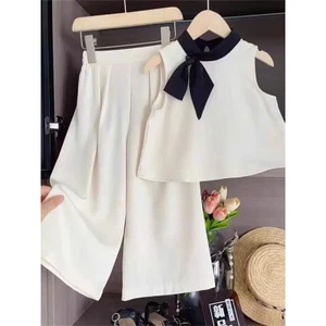 Set áo sát nách thắt nơ cổ phối cùng quần suông ống rộng cho bé gái, đồ bộ mùa hè phong cách tiểu thư Hàn Quốc