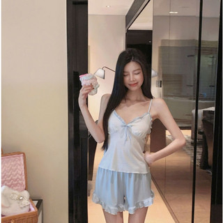 B136 Bộ đồ ngủ ba mảnh bằng Cotton thun dành cho nữ, kiểu dáng mùa hè với áo ngực có đệm, áo hai dây và quần short