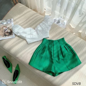 Set đồ bé gái áo trắng voan trễ vai kèm quần đùi xanh cao cấp phong cách Hàn Quốc cho bé và mẹ
