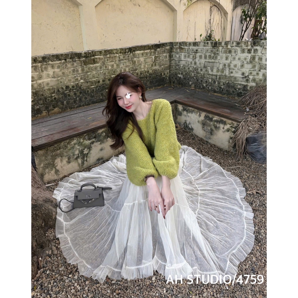 Chân váy voan tơ nhăn dáng dài (có lớp lót trong) Nữ the.sweaterweather TSW