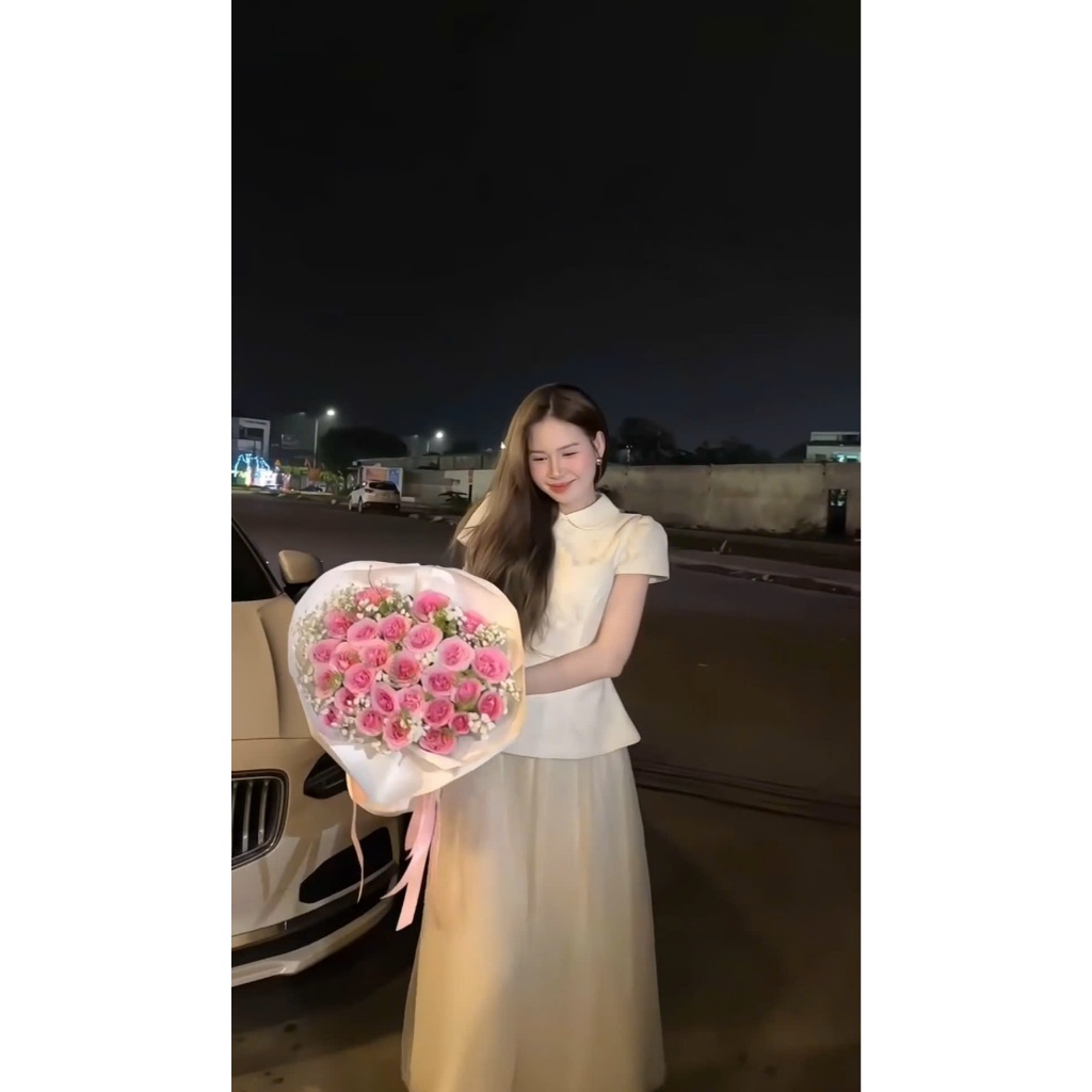 ZIMM STORE-Set Đồ Nữ Áo Peplum Trắng Vải Gấm Và Chân Váy Voan Xòe Thời Thượng