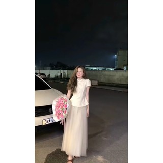 Combo Áo Peplum Nữ Trắng Tôn Dáng Cùng Chân Váy Voan Bồng Bềnh