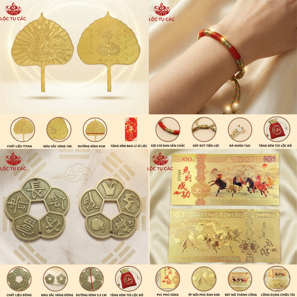 BỘ CHIÊU TÀI TỨ BẢO, bộ phong thủy chiêu tài kèm vòng tay ngũ sắc, lá Bồ Đề mạ vàng, xu mai hoa, bát mã.