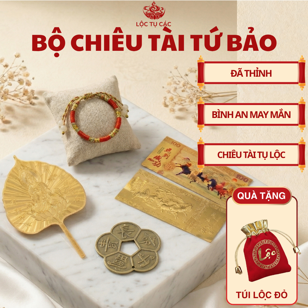 BỘ CHIÊU TÀI TỨ BẢO, bộ phong thủy chiêu tài kèm vòng tay ngũ sắc, lá Bồ Đề mạ vàng, xu mai hoa, bát mã.