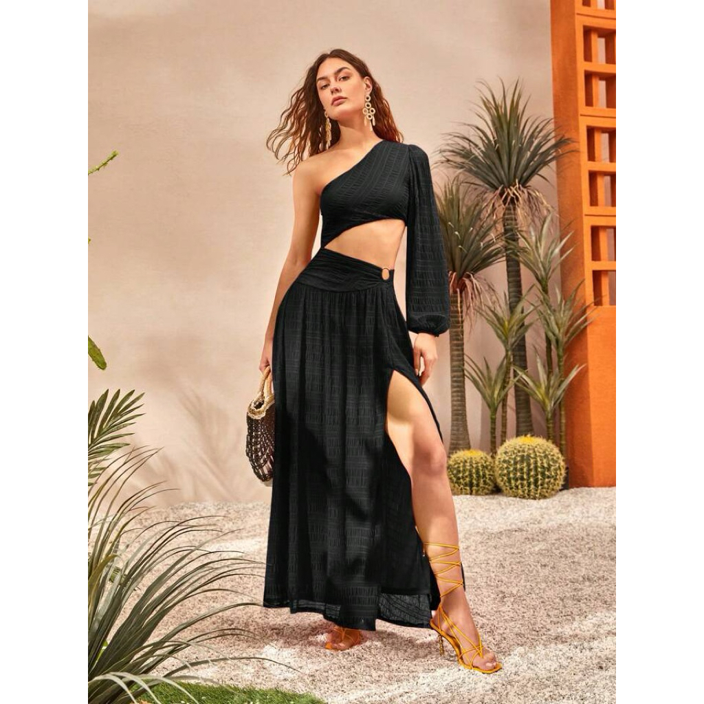 Shein | Maxi đen lệch vai cut-out quyến rũ sang chảnh chuẩn resort ✨
