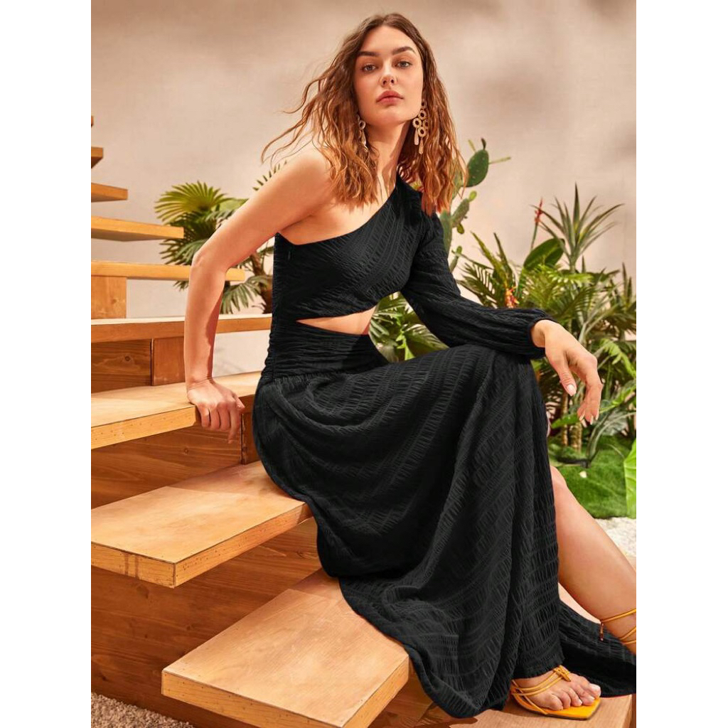 Shein | Maxi đen lệch vai cut-out quyến rũ sang chảnh chuẩn resort ✨