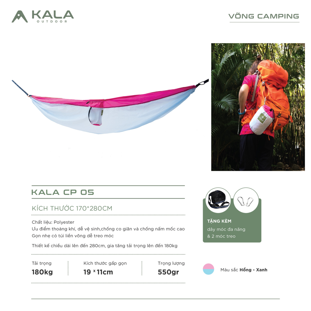Võng camping Kala xếp gọn dài 2m8 rộng 1m7 có dây móc