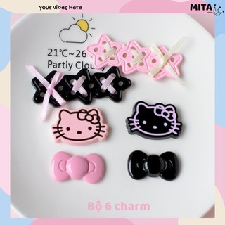 Bộ 6 Sticker, Charm 3D chủ đề Mèo black pink nhựa cứng gắn Dép Sục, Cá Sấu Mita JB-369