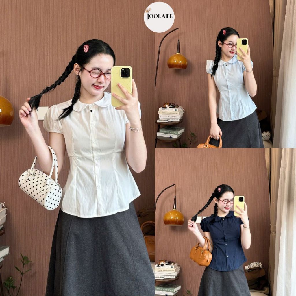 Áo sơ mi nữ cổ Peter Pan dáng ôm eo tay phồng tiểu thư Hàn Quốc Joolate SM250