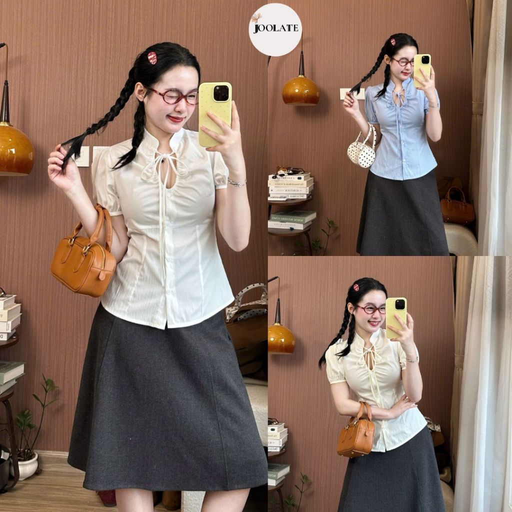 Áo kiểu nữ cổ dây rút nơ nhún ngực dáng ôm eo tiểu thư Hàn Quốc Joolate 158