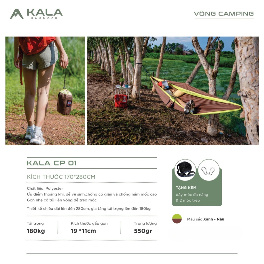 Võng camping Kala xếp gọn dài 2m8 rộng 1m7 có dây móc