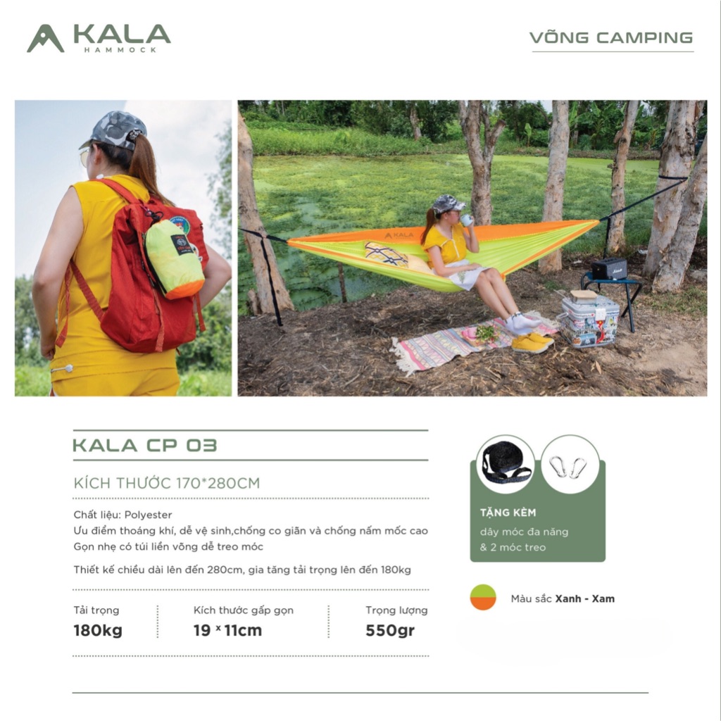 Võng camping Kala xếp gọn dài 2m8 rộng 1m7 có dây móc
