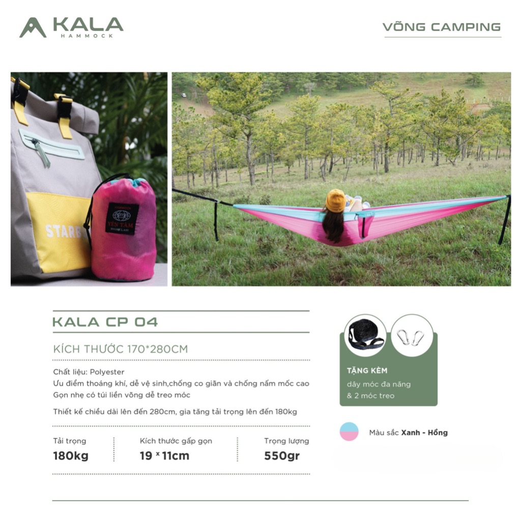 Võng camping Kala xếp gọn dài 2m8 rộng 1m7 có dây móc