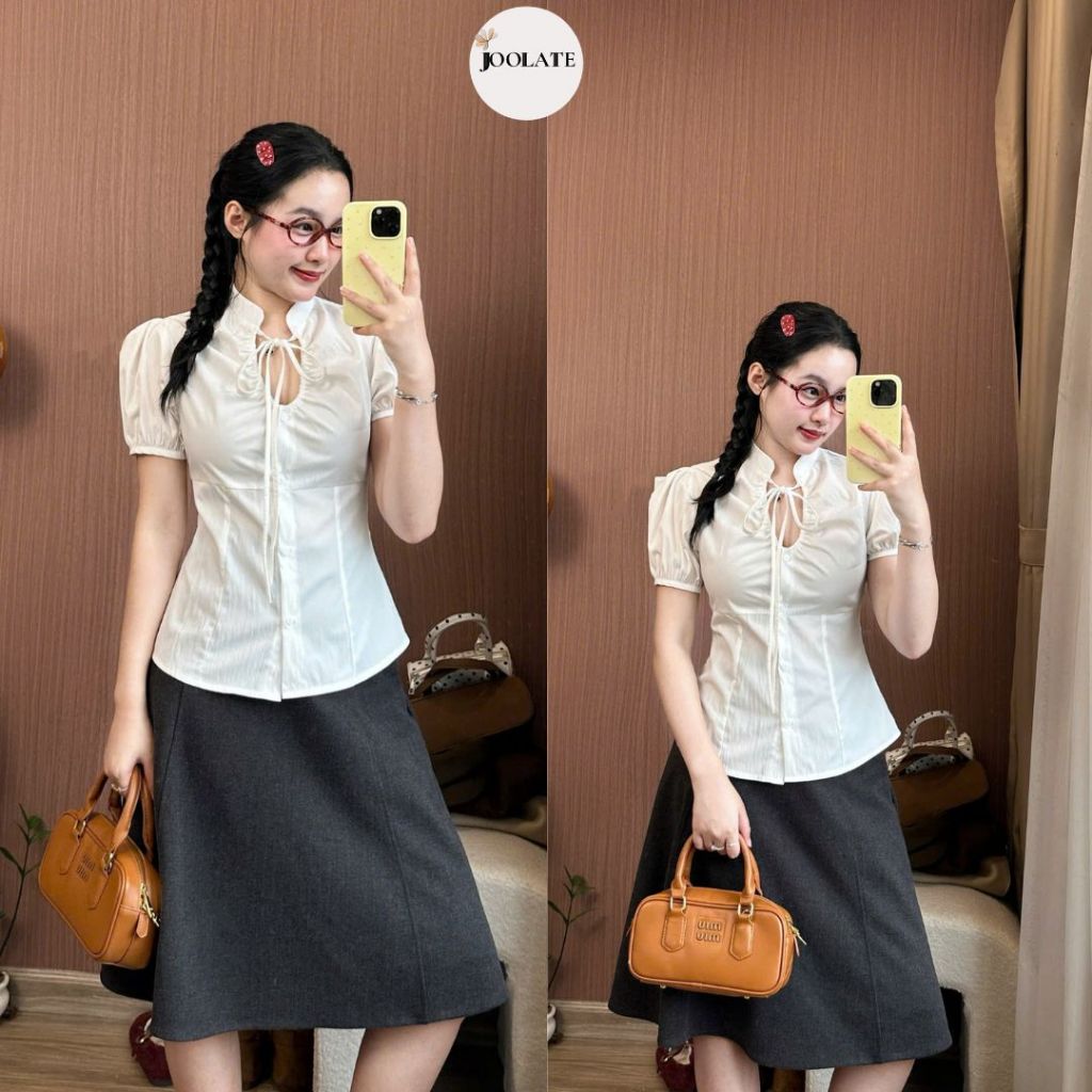 Áo kiểu nữ cổ dây rút nơ nhún ngực dáng ôm eo tiểu thư Hàn Quốc Joolate 158