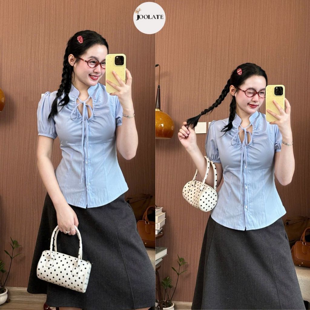 Áo kiểu nữ cổ dây rút nơ nhún ngực dáng ôm eo tiểu thư Hàn Quốc Joolate 158