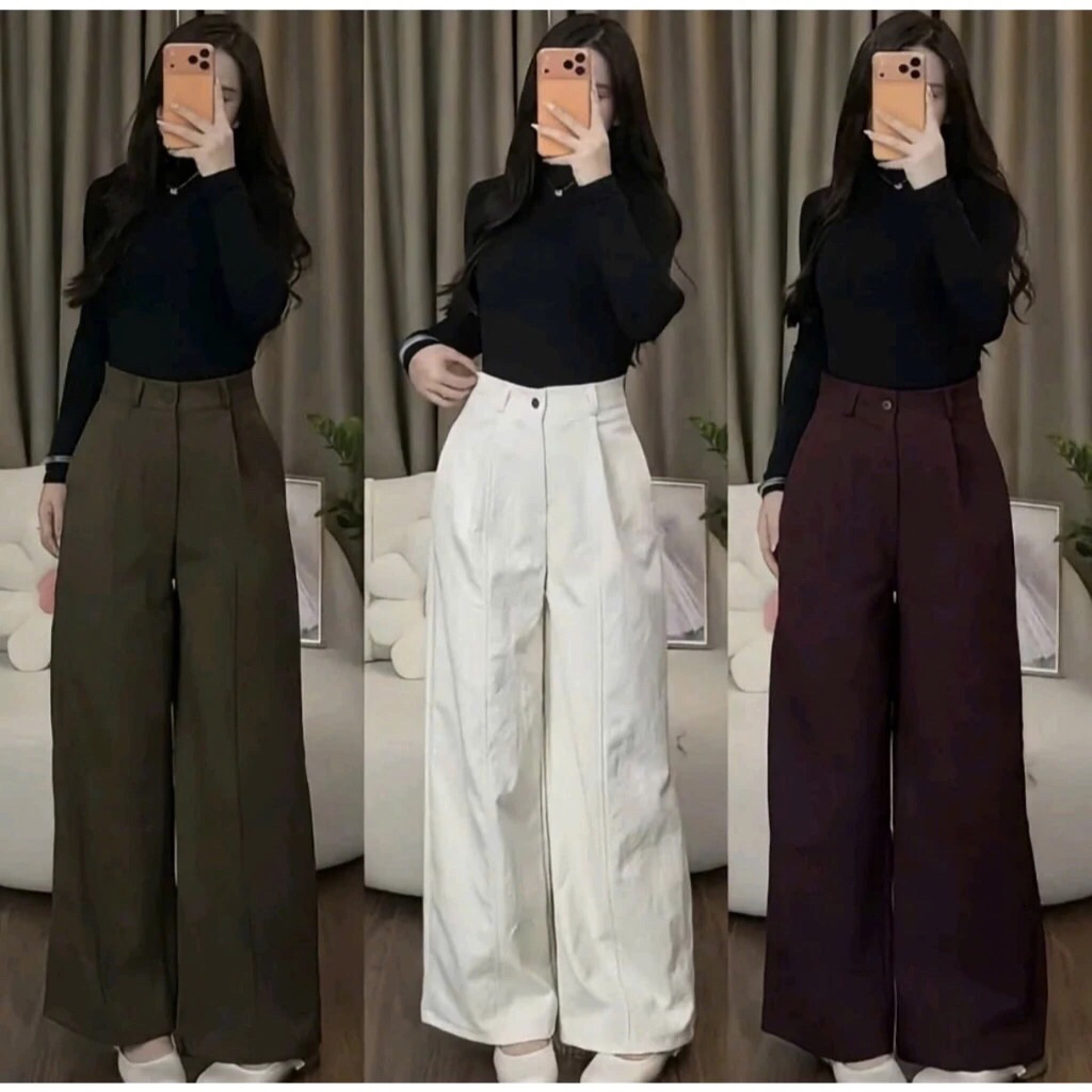 Quần Ống Rộng Kaki Nhật Cạp Cao Tôn Dáng Siêu Hót Trend dài 98cm