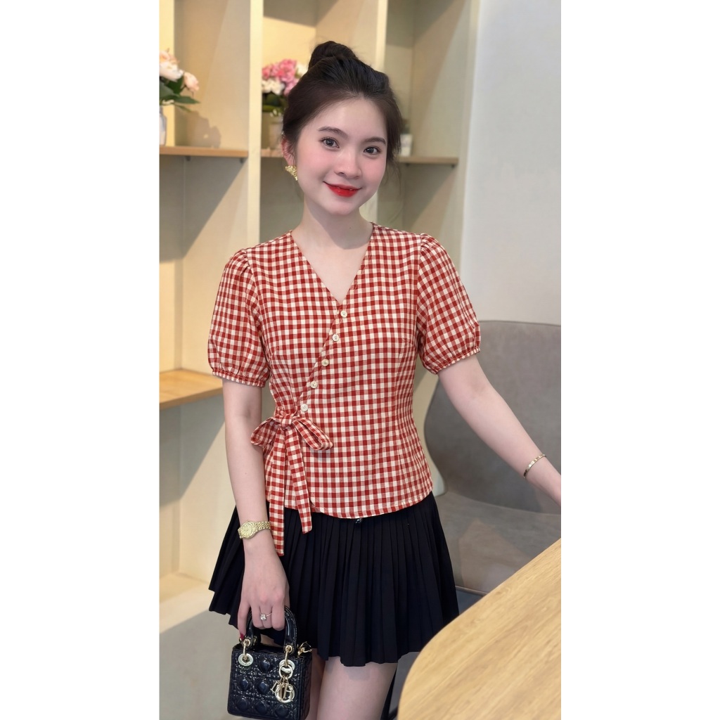 Áo kẻ ca rô buộc nơ eo , chất liệu mềm mại thoáng mát, phù hợp đi làm đi chơi  với 2 màu nổi bật H1