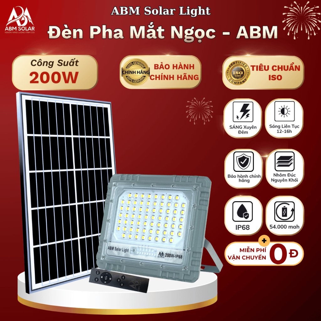 [200W] Đèn Pha Năng Lượng Mặt Trời ABMSOLAR, Chất Liệu Nhôm Đúc Nguyên Khối , Chống Nước IP68