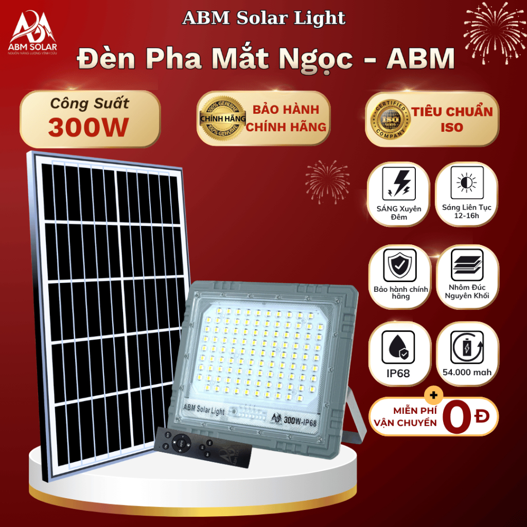 [300W] Đèn Pha Năng Lượng Mặt Trời ABMSOLAR , Tấm Pin Rời, Chống Nước IP68 , Kính Cường Lực , Cảm Biến Ánh Sáng