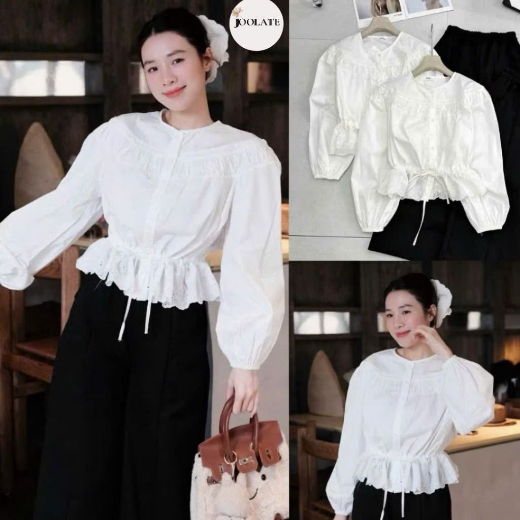 Áo Sơ Mi Nữ Trắng Babydoll Tay Dài Bo Chun Eo Phối Ren Nhẹ Nhàng Vintage Hàn Quốc Joolate sm78