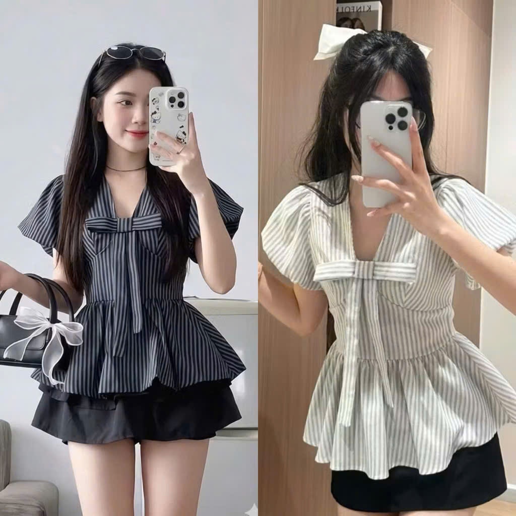 Áo sơ mi sọc thắt nơ A52066