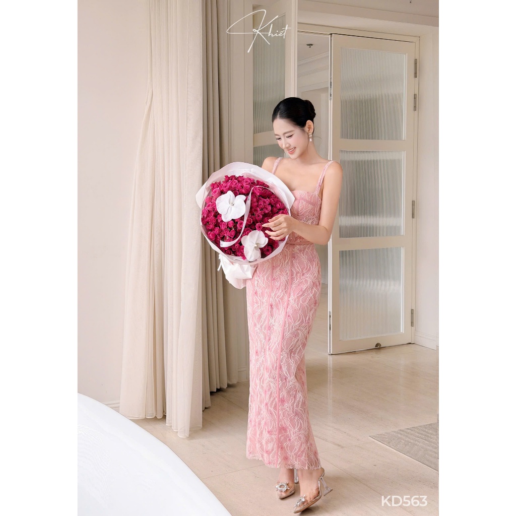 Đầm Khiết dáng dài ôm corset chất ren hồng pastel ngọt ngào có đệm mút phong cách quyến rũ KD563 KD563A
