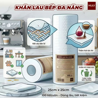 Khăn Lau Bếp Đa Năng MILILY  Dạng Cuộn 100 Tờ 25x25cm Thấm Hút Mạnh Dày Dặn Bền Dai