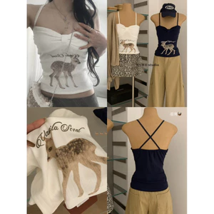 WGWE | Áo hai dây in hình hưu thun cotton thông hơi mềm mịn mát, dáng ôm ngọt ngào – W8798#