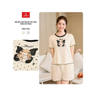 (Sẵn)6BCN06 Đồ bộ nữ CARDINA chất cotton zip cổ tròn tay cộc và quần đùi 6BCN06