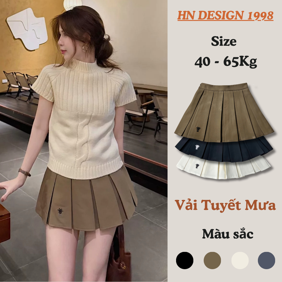 Chân Váy Xếp Ly Thêu Ong Cạp Cao Tôn Dáng Có Quần Bảo Hộ Vải Tuyết Mưa Mới Bigsize Nữ HN DESIGN 888