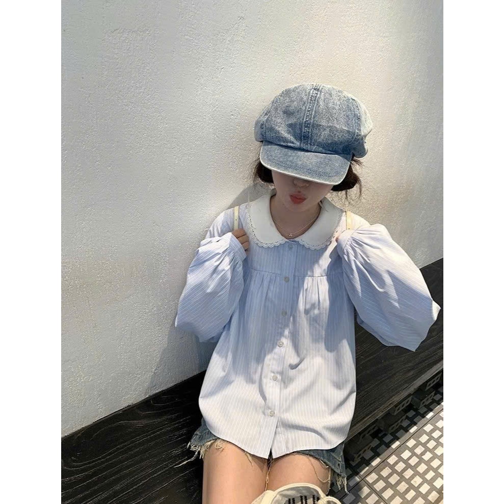 (Hàng QCCC) Áo sơ mi nữ kiểu điệu tay dài thiết kế họa tiết kẻ sọc phối cổ bèo hottrend mùa hè MT33 SP451