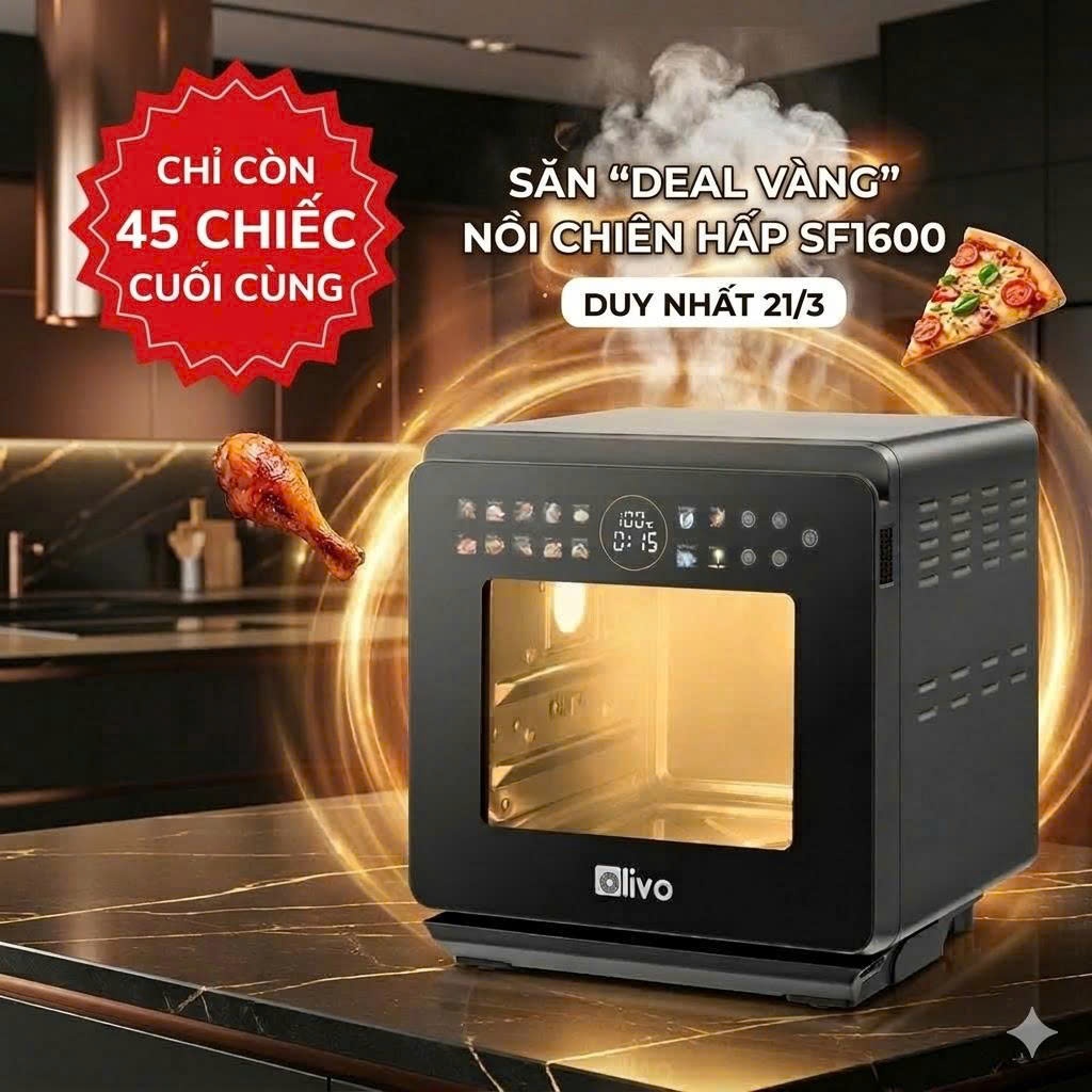 Nồi Chiên Hơi Nước OLIVO SF1600, Màn OLED 16Lit - 2800W, 70 Chế Độ Nấu và Phụ Kiện Đa Năng