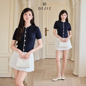 DELIZ - Áo len nữ cộc tay cổ tròn dáng cài cúc mặc mùa hè dệt kiểu vặn thừng ALC603