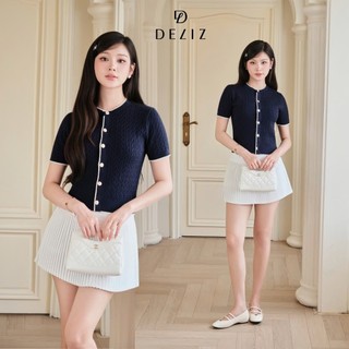 DELIZ - Áo len nữ cộc tay cổ tròn dáng cài cúc mặc mùa hè dệt kiểu vặn thừng ALC603