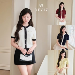DELIZ - Áo len cộc tay cổ tròn dáng cardigan cài cúc phối màu viền nhiều màu DELIZ ALC602