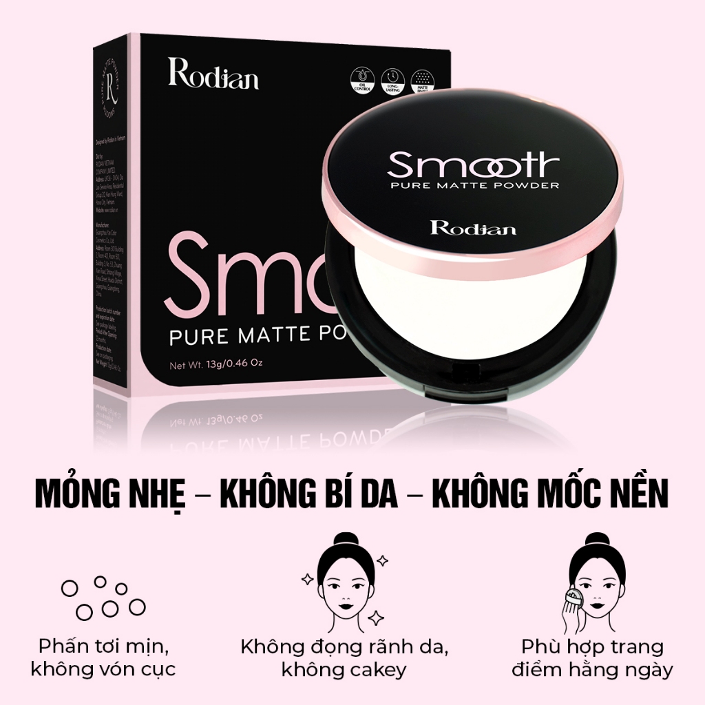 Phấn Nén Kiềm Dầu Rodian Smooth Pure Matte Powder 24h - Phấn Phủ Trang Điểm Mềm Mại Lâu Trôi 13gr