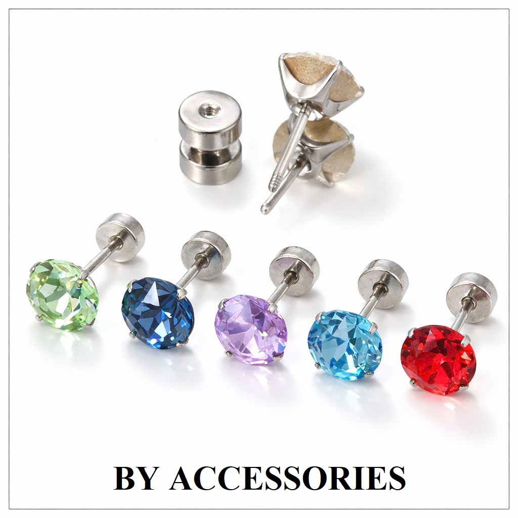 Bông tai nam nữ unisex titan đá tròn nhiều màu cao cấp lấp lánh không gỉ ZE2601 Tặng kèm chuôi khuyên BY ACCESSORIES