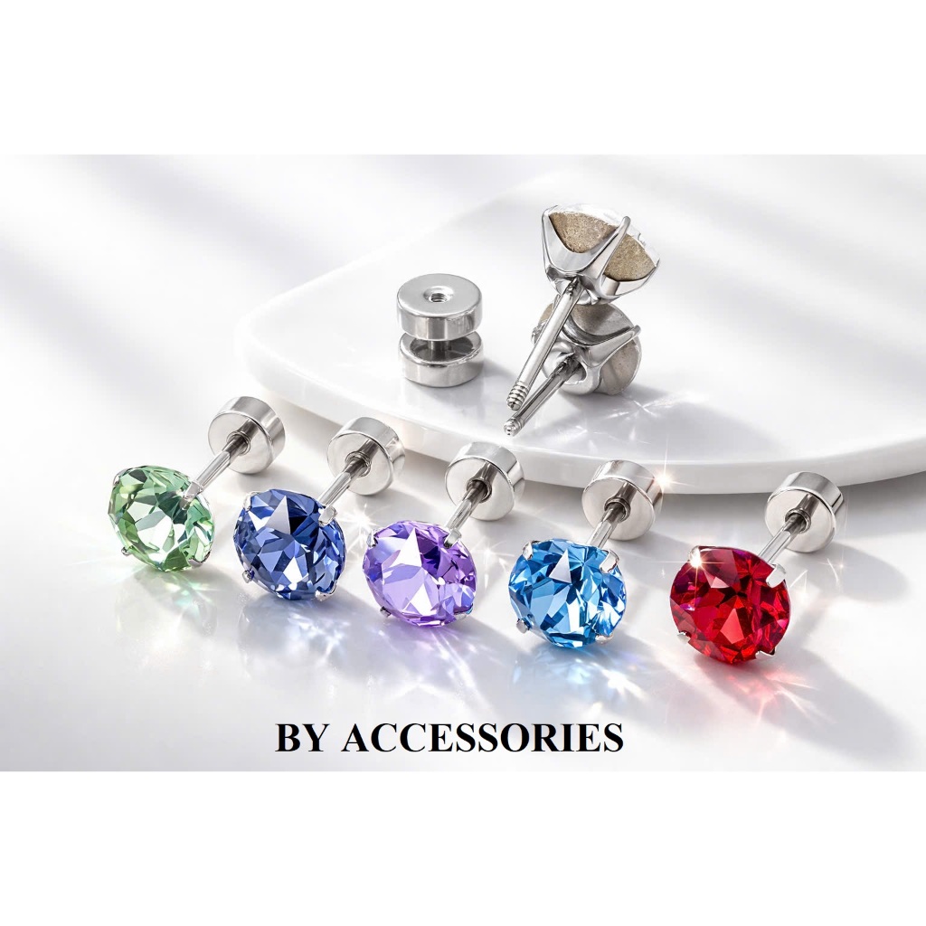 Bông tai nam nữ unisex titan đá tròn nhiều màu cao cấp lấp lánh không gỉ ZE2601 Tặng kèm chuôi khuyên BY ACCESSORIES