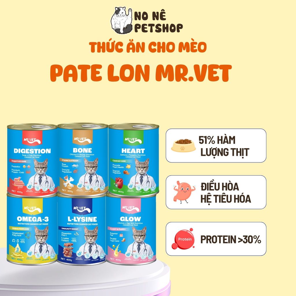 Thức ăn cho mèo Mr Vet Dạng Pate Lon 400G - 100% từ thịt thật Mượt Lông, Lượng Protein >30%