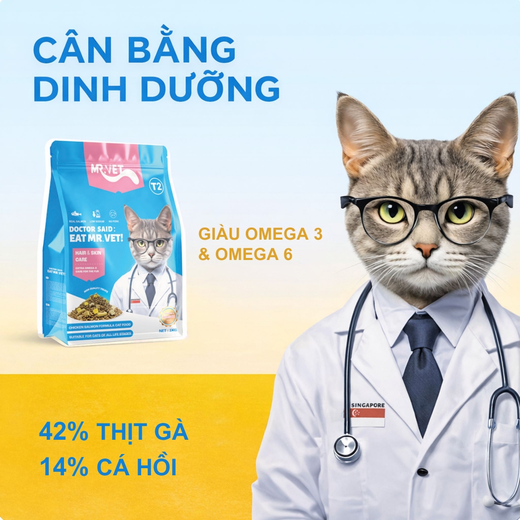 Hạt cho mèo MRVET T2 Gói 1KG công thức kết hợp cá hồi và gà giúp cải thiện da, lông, phù hợp cho mọi lứa tuổi mèo