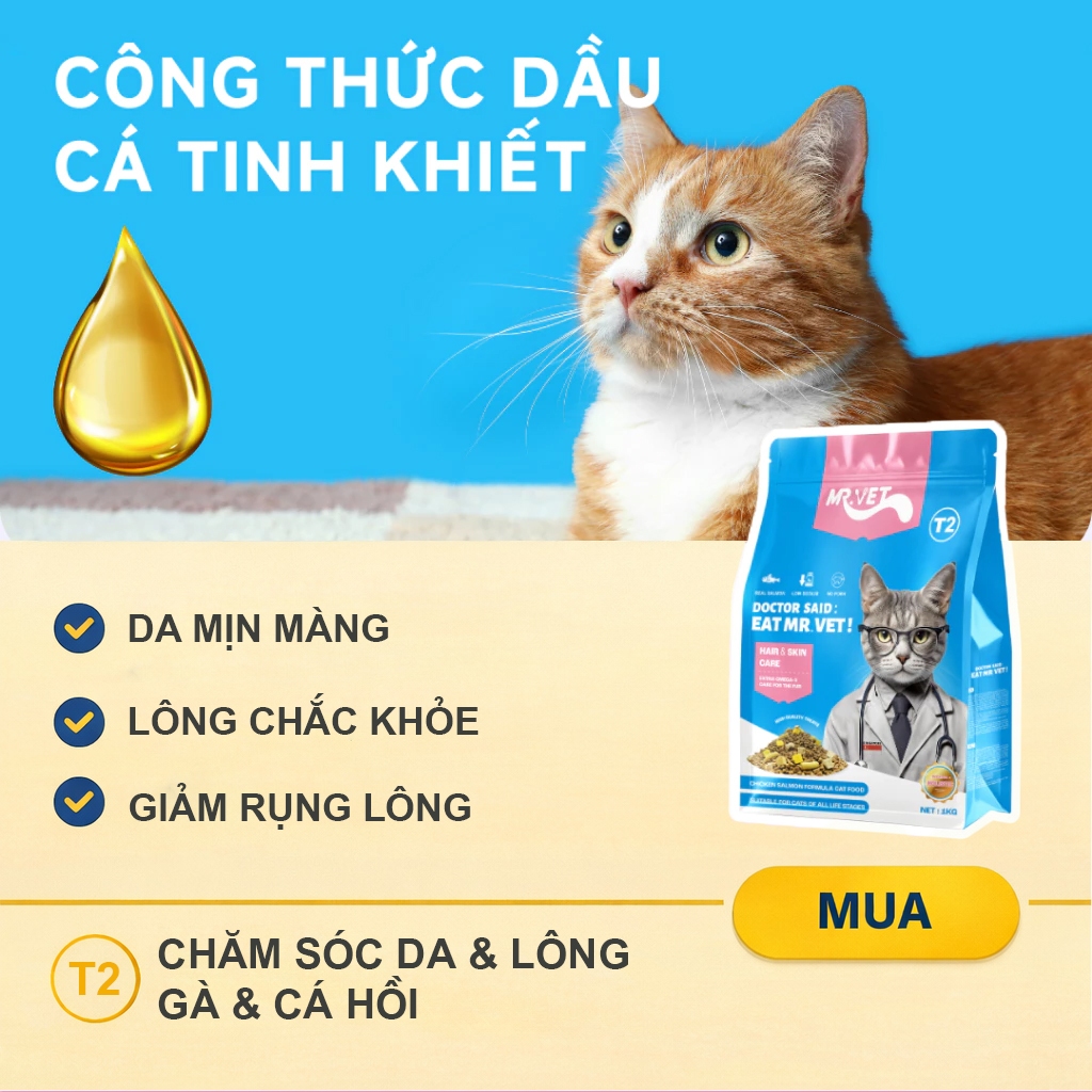 Hạt cho mèo MRVET T2 Gói 1KG công thức kết hợp cá hồi và gà giúp cải thiện da, lông, phù hợp cho mọi lứa tuổi mèo