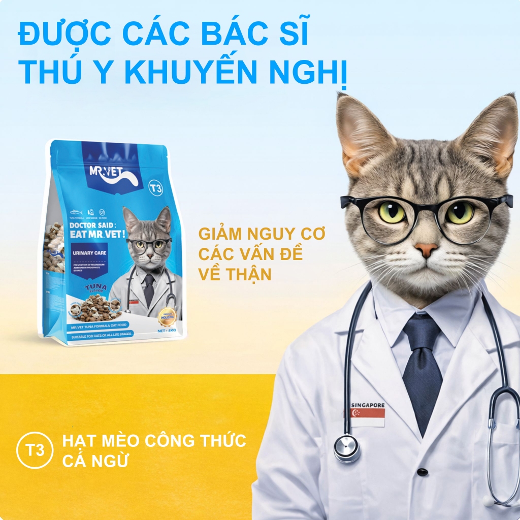 Hạt cho mèo MRVET T3 gói 1KG công thức 4 loại cá biển mix topping ruốc gà cải thiện tiết niệu