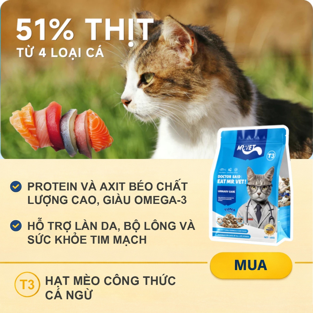 Hạt cho mèo MRVET T3 gói 1KG công thức 4 loại cá biển mix topping ruốc gà cải thiện tiết niệu