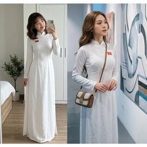 Áo dài truyền thống ôm tôn dáng kèm logo cờ đỏ sao vàng mặc ngày lễ quốc khánh, đồng phục hội nhóm T1611G