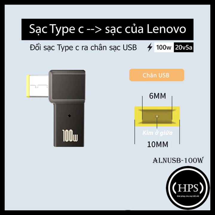 Đầu chuyển đổi sạc Type c ra sạc cho laptop Lenovo hỗ trợ sạc 100w 20v5a có led báo hiệu - HPS