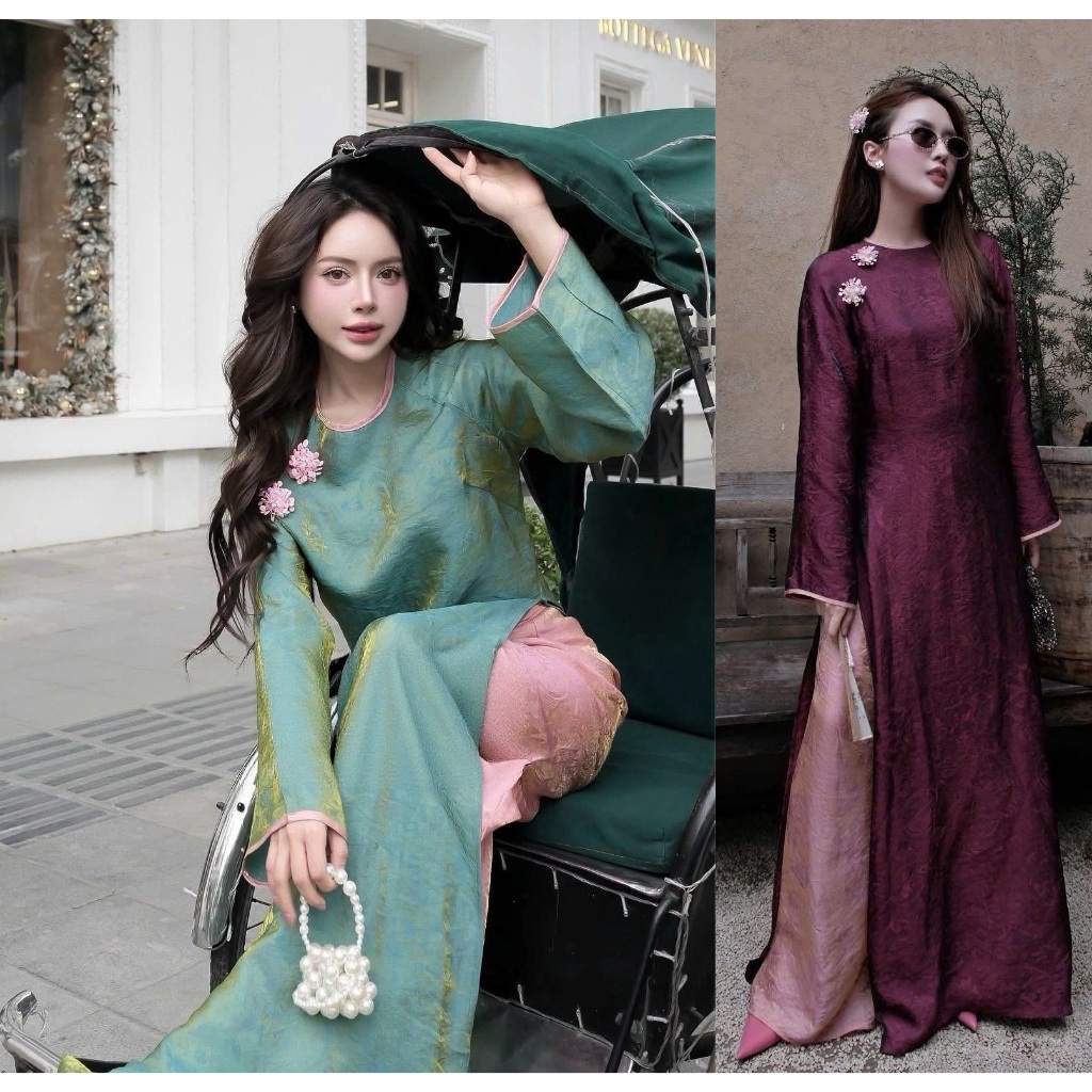 Áo dài tơ ánh kim óng dáng suông phối viền tà dài kèm bông cườm sang trọng trẻ trung mặc Lễ Tết Bưng Quả T1590G