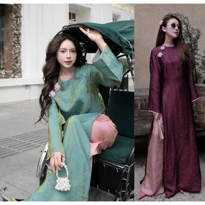 Áo dài tơ ánh kim óng dáng suông phối viền tà dài kèm bông cườm sang trọng trẻ trung mặc Lễ Tết Bưng Quả T1590G