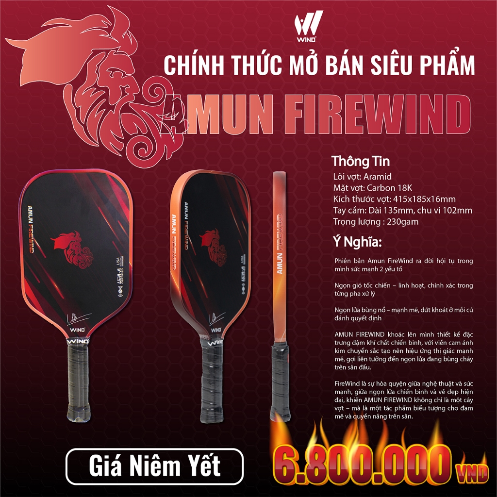 Vợt Pickleball WIND FIRE Chính Hãng - Full Carbon 18K Check NFC - Lõi Aramid Trợ Lực Mạnh, Kiểm Soát Tốt, Chuẩn Thi Đấu