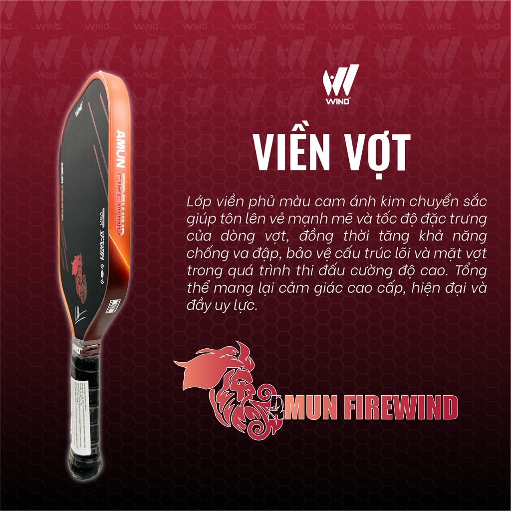 Vợt Pickleball WIND FIRE Chính Hãng - Full Carbon 18K Check NFC - Lõi Aramid Trợ Lực Mạnh, Kiểm Soát Tốt, Chuẩn Thi Đấu